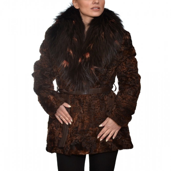 Swakara Fur Cardigan 78cm Red Brown SUIT (9027)