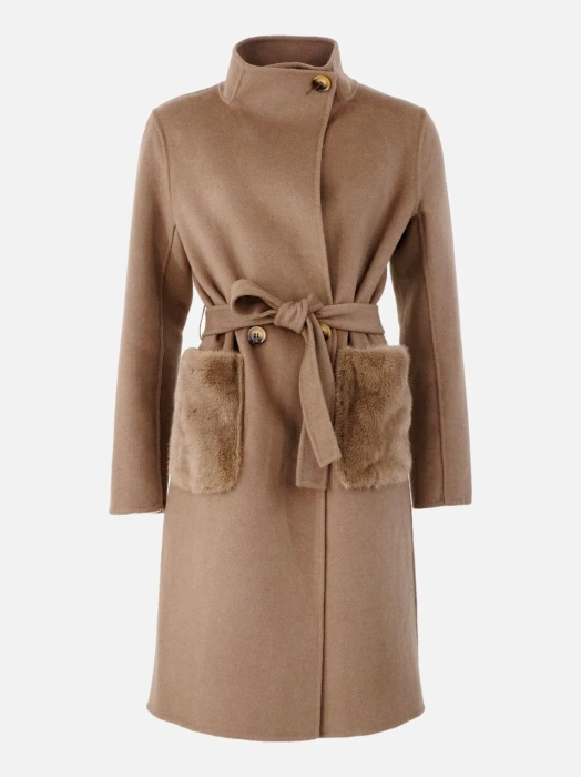 Γυναικείo Παλτό wool (Check brown) and mink pocket.